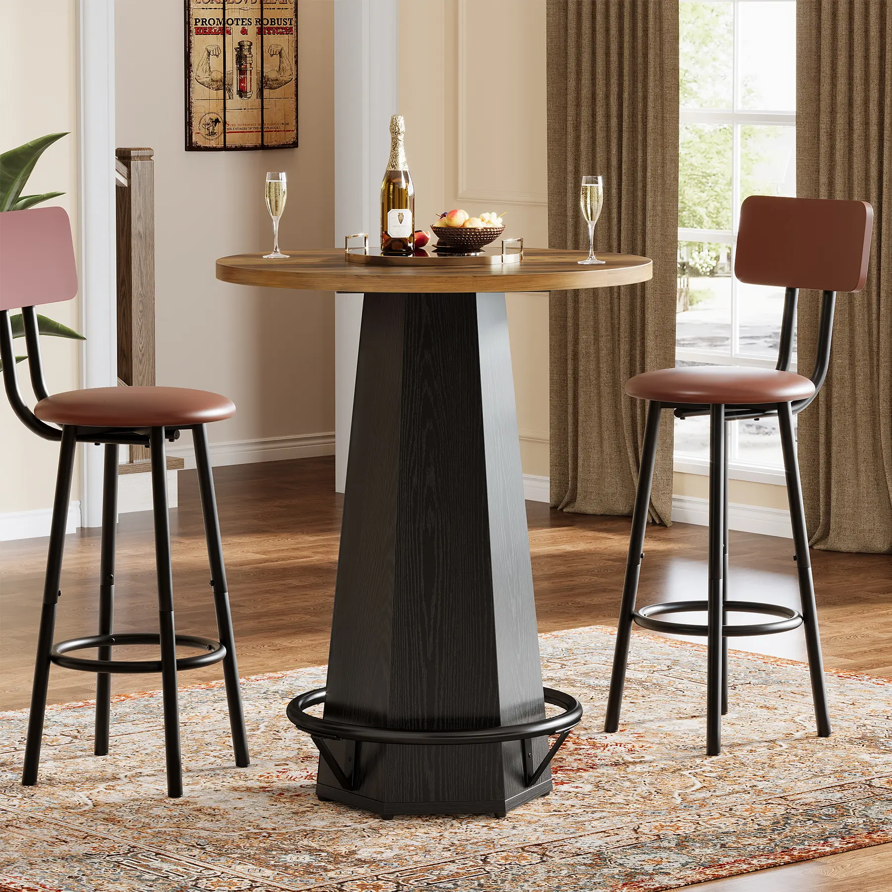LITTLE TREE Round Bar Pub Table, 39.4" H Bistro Cocktail Table with Metal Footrest for Drinking & Gathering, Industrial Home Bar High Top Unit, Small Spaces