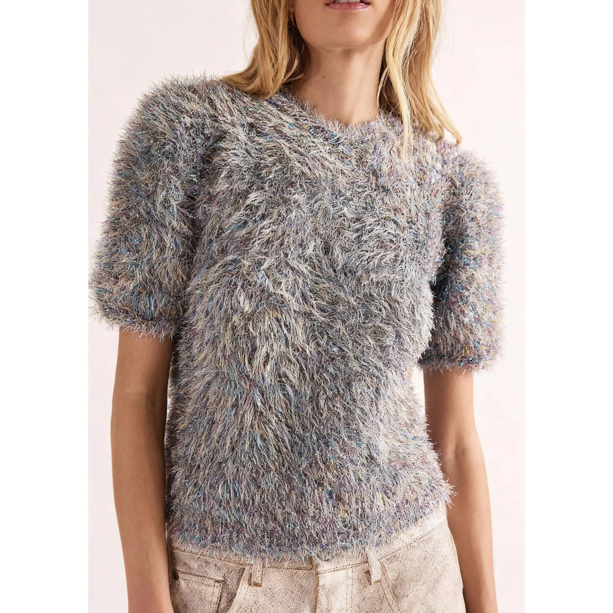 Womens Soft Furry Sweaters Short Sleeve Cozy Fuzzy Sweater Shaggy Knit Pullover Jumper