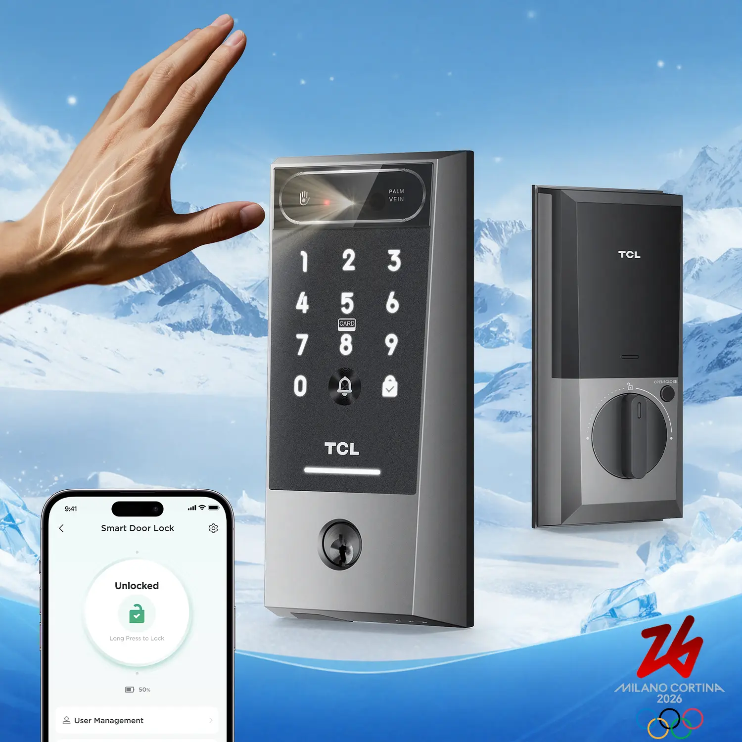 TCL D2 Pro Electronic Door Lock - Palm Vein Recognition, Keyless Entry, Built-in Doorbell, App Control, Auto Lock Ease, Rechargeable Battery for Home Security Smart Home Gadgets, Deadbolt Lock
