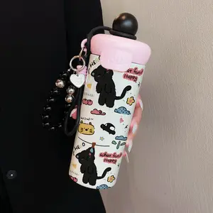 600ML Insulated Stainless Steel Mug with Cat Print, Stylish Travel Cup with Straw and Beaded Bracelet, Leakproof and Durable, Perfect Gift for Women