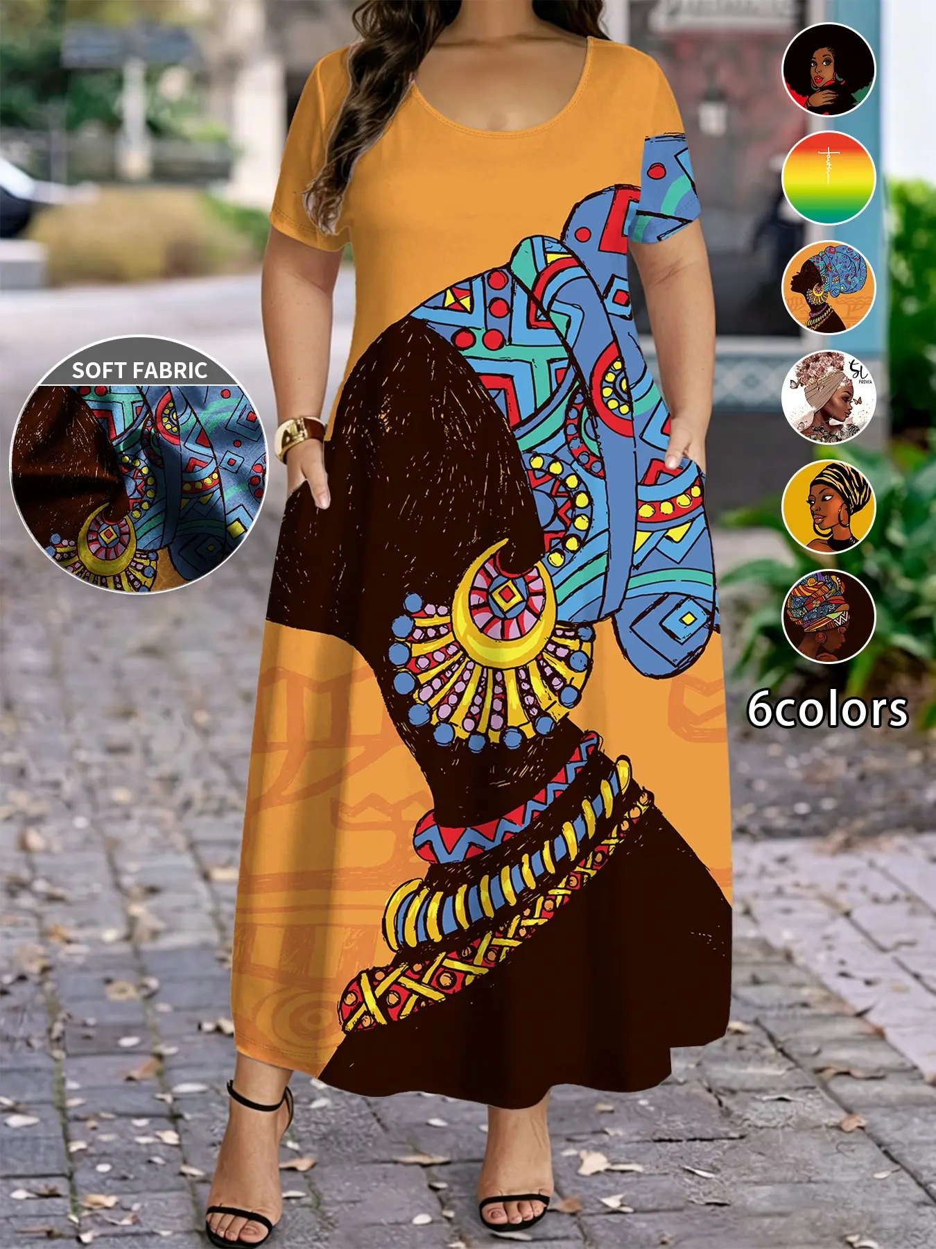 Plus Size Boho Portrait Print Dress, Short Sleeve Loose-Fit Long Dress, Boho Flowy Dress, 6 Color Options, Casual Daily Wear, Comfortable, Stylish and Elegance, Womenswear, Bohemian, Chic, Vibe