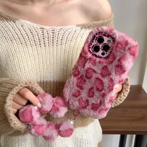 Plush Leopard Print Phone Case with Stand Holder Strap Lanyard, Compatible with iPhone 11–17 Pro Max, Stylish Durable Protective Cover, Accessories