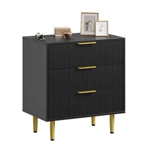 GARVEE Fluted Dresser for Bedroom with 3 Drawers, Wooden Chest of Drawers with Metal Handle & Feet, Black Dresser for Living Room, Hallway, Bedroom