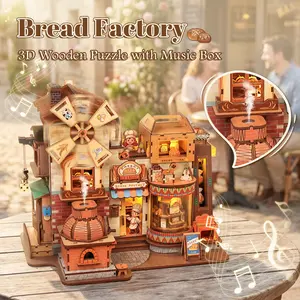 CUTEBEE 3D Wooden Puzzle Bread Factory - 576pcs Mechanical Building Kit with Lights & Music, Retro Bookshelf Insert Booknook, Aesthetic Room Decor & Craft Gift