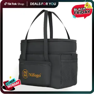 Nifogo Black Expandable Insulated Lunch Bag for Men Women Double Deck Leakproof Soft Large Adult Cooler Bag with Drawstring for Work & Outdoor Trips 15L