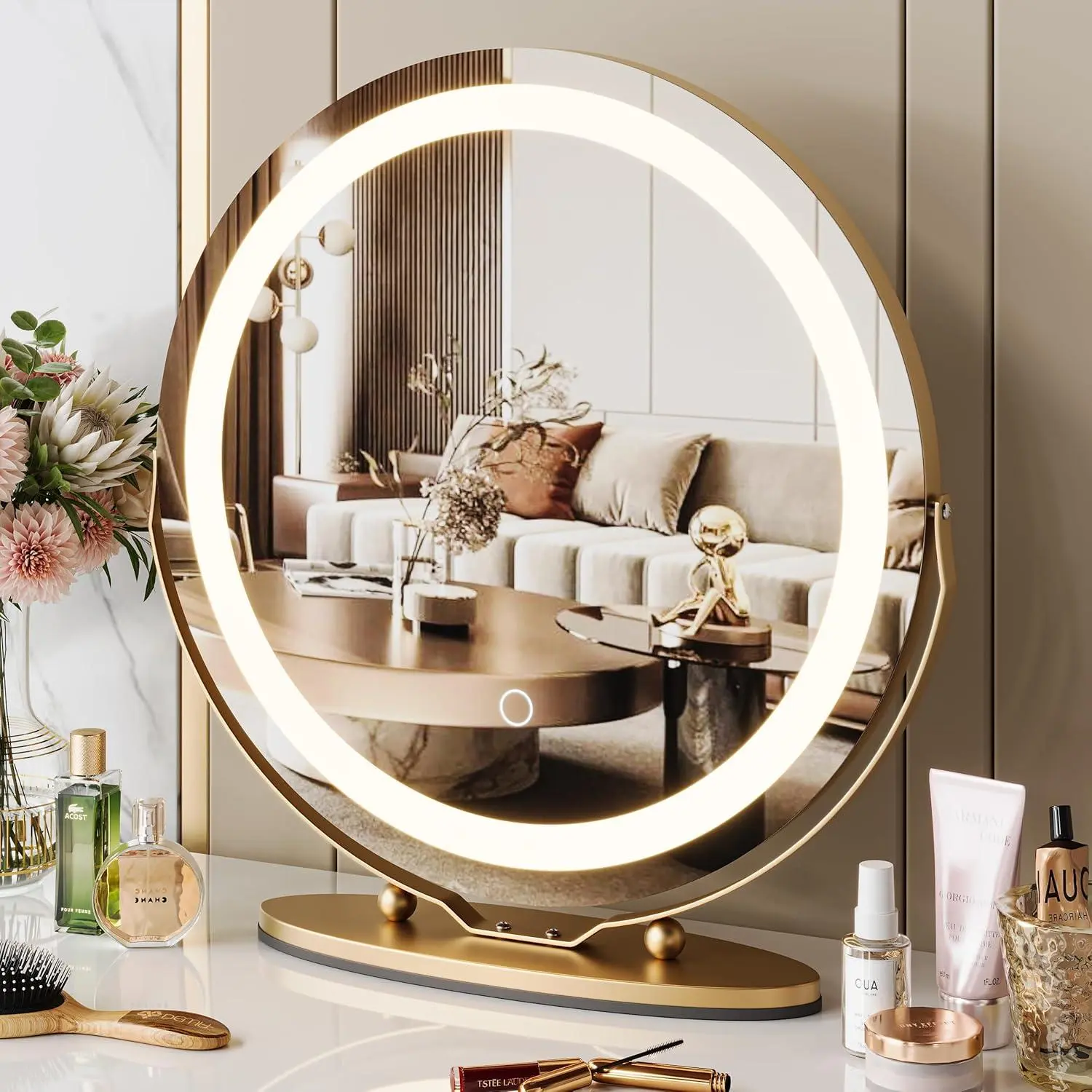 Gaomon 19-in Gold Modern Light Up Vanity Mirror - HD LED Touch Screen Control, 3 Color Lighting Modes, 360° Rotatable Round Shape, Adjustable, Easy Installation for Bedroom Tabletop Decor, Crisp Reflection, Light Up Mirror, Touch Screen Mirror