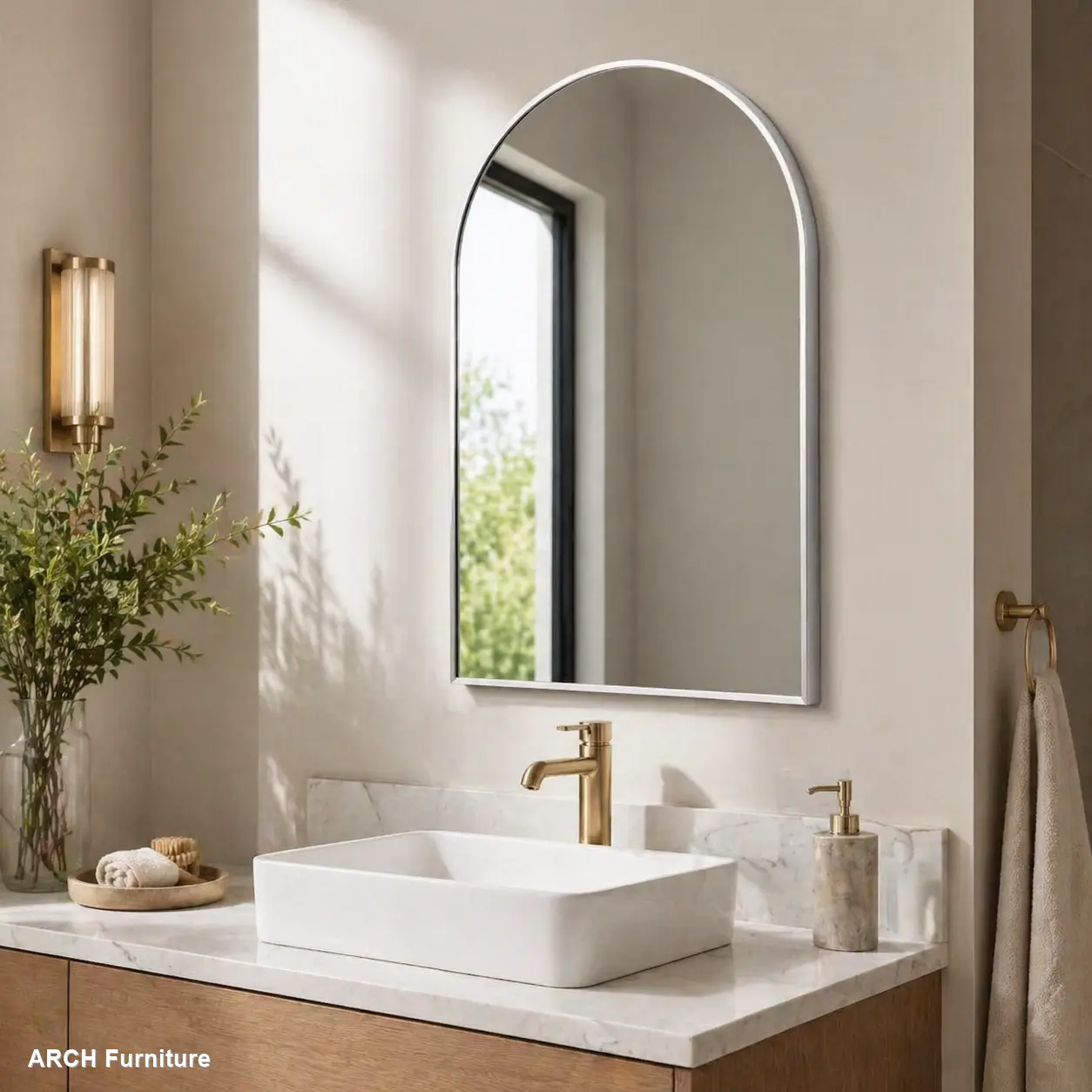 24x36 in Classic Arched Wall-Mounted Bathroom Mirror - Modern Silver Metal Frame, MDF Backing, Easy Installation, Decorative Glass for Home Improvement Bathroom Fixtures (W2203134098) Box