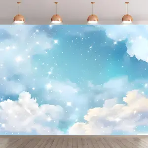 2D Flat Banner 1pc, Background Banner, Blue Sky and White Clouds with starlight, durable polyester, suitable for wedding, birthday, and anniversary wall decor High Quality Photo Studio Props, Party Decorations, E