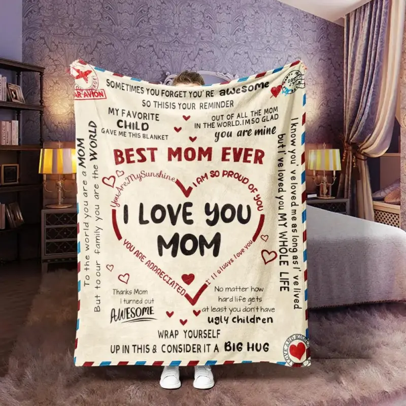 Letter To Mom Pattern Lightweight Washed Blanket, 1/2/3 Counts Soft Comfortable Warm Throw, Air-Conditioned Room Warm Nap Blanket For Home Office Travel, Heartfelt Gift Blanket, Bedroom Accessories, Funny Gift # GLOBAL PICKS comfort travel blanket summerv