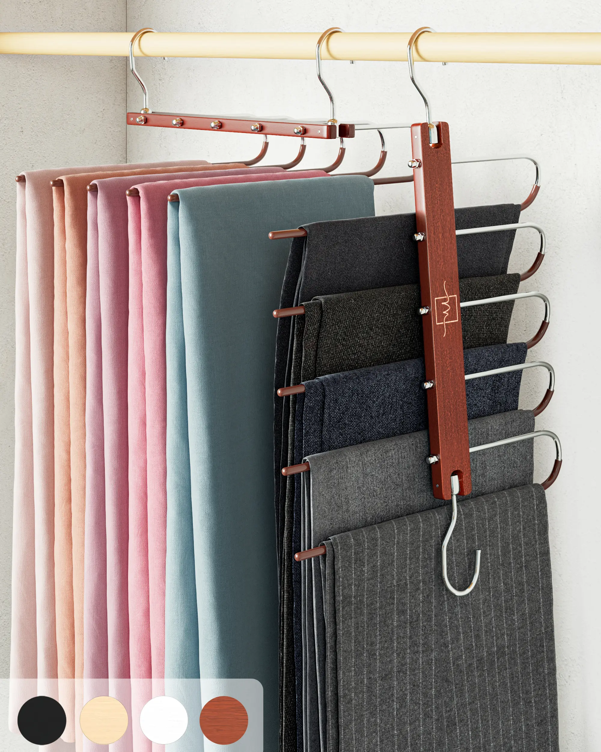 MORALVE Pants Hangers Space Saving - European Beechwood Hangers for Clothes Hanger Organizer - Jean Hangers Pants Rack Scarf Hanger - Closet Space Saving Magic Pants Hangers Pant Organizer