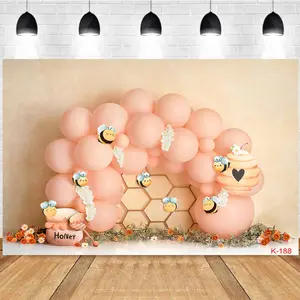 Photography Background Pink Balloon Arch Bee Themed Honeycomb Ornaments Birthday Party Backdrop