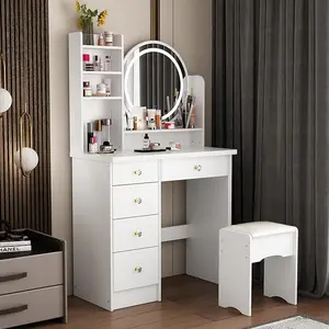 FUFU&GAGA Vanity Desk with Mirror, Lights and Drawers for Makeup, includes Shelves, Cushion Stool for Bedroom Furniture Organization