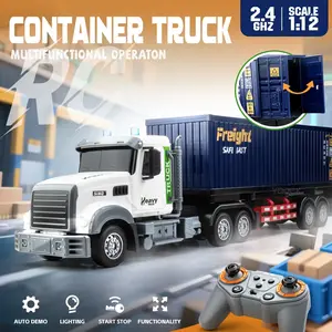 9 Channel RC Semi Truck with Container 1:12 Scale 2.4GHz Remote Control LED Lights Cargo Loading Construction Vehicle Set for Kids Christmas Gifts