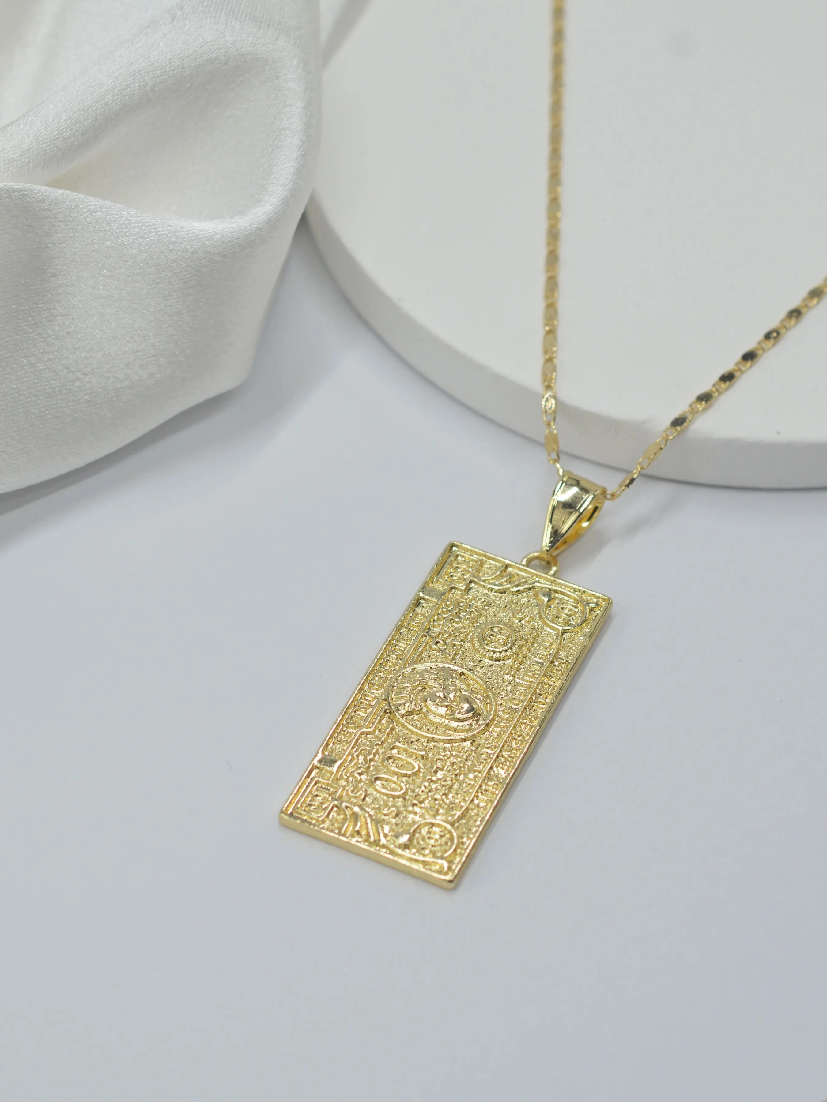 14k Franklin $100 Bill Pendant Necklace, Unisex Daily Wear, Father's Day Gift, Lucky Money Charm, Thanksgiving Jewelry, Pendant With Necklace