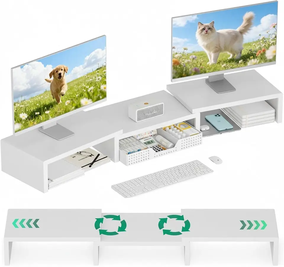 Desk Organizer, Dual Computer Monitor Stand Riser with Drawer, Office Desk Accessories & Workspace Organizers, White