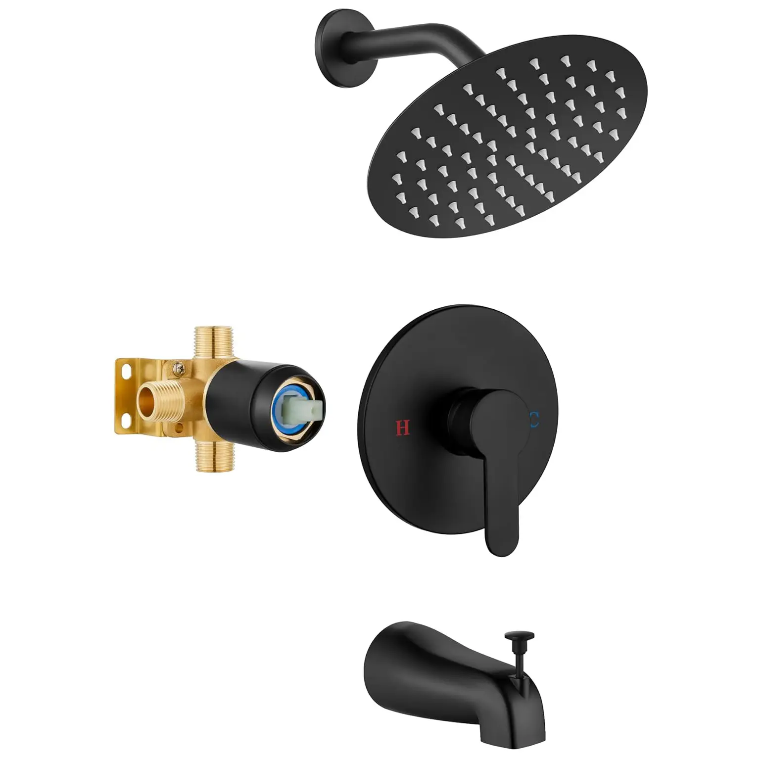 Shower Faucet Set with Tub Spout,Bathtub Faucet Set Complete,Round Rainfall Shower Head,Tub and Shower Trim Kit with Solid Brass Rough-In Valve,8 Inch-Matte Black