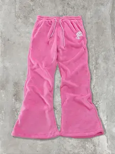 Unisex Solid Color Letter Embroidery Drawstring Waist Fuzzy Sweatpants, Thermal Warm Casual Comfy Pocket Design Flare Leg Trousers for Daily Wear, Unisex Bottoms for All Seasons, Baggy Jogging Pants, Casual Streetwear Pants