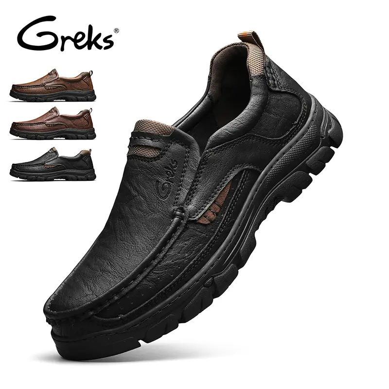 GREKS Men's Rugged Slip-On Shoes, Heavy-Duty Outdoor Loafers, All-Terrain Walking Footwear with Deep-Lug Sole, Black/Brown