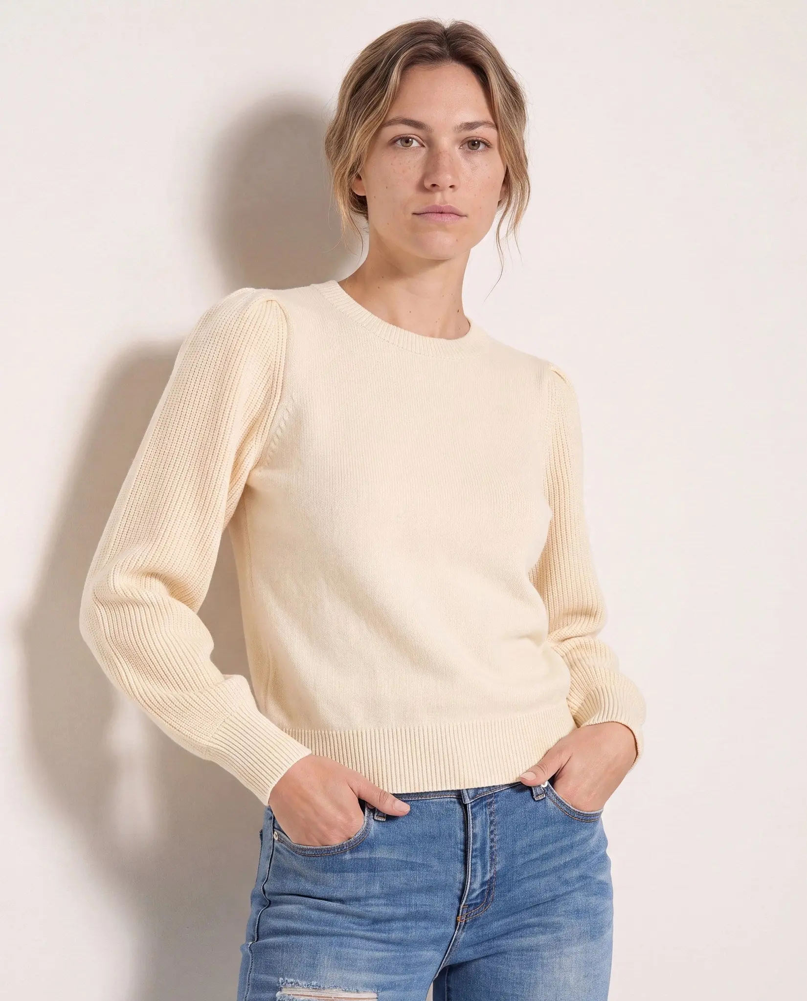 Women's Pacific Puff Sleeve Long Sleeve Knitwear, Crew Neck Sweater for Sunlit Afternoons, Sun, Midweight, Loose-Fitting, Pullover, Ribbed Cuff