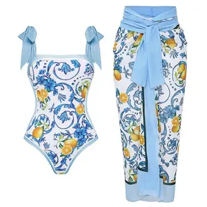 FLAXMAKER Women's Lemon Print Tie Shoulder One Piece women Swimsuit and Sarong Cover Skirt Set Swimdress Bathing Suit Stylish Beachwear #TikTokShopBlackFriday