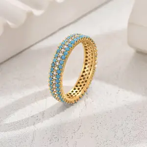 Gold Plated Turquoise Eternity Ring Trendy Stackable Boho Turquoise Jewelry for Women CZ Accent Statement Ring Gift