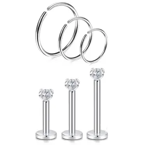 OIDEA G23 Titanium Nose Ring Lip Stud Set 16G 20G Internal Thread Cubic Zirconia Rhinestone Diamond Body Piercing Jewelry 6PCS