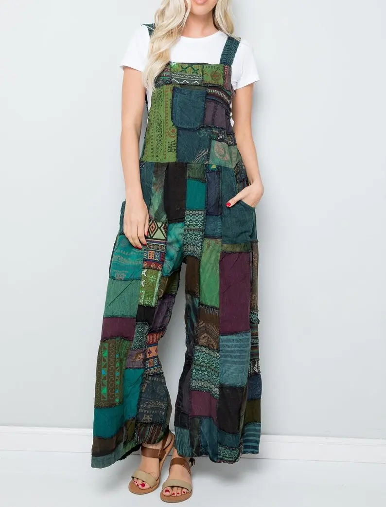 100% Cotton Unique One of a Kind Patchwork Unisex Overalls, 3 Adjustable Lengths