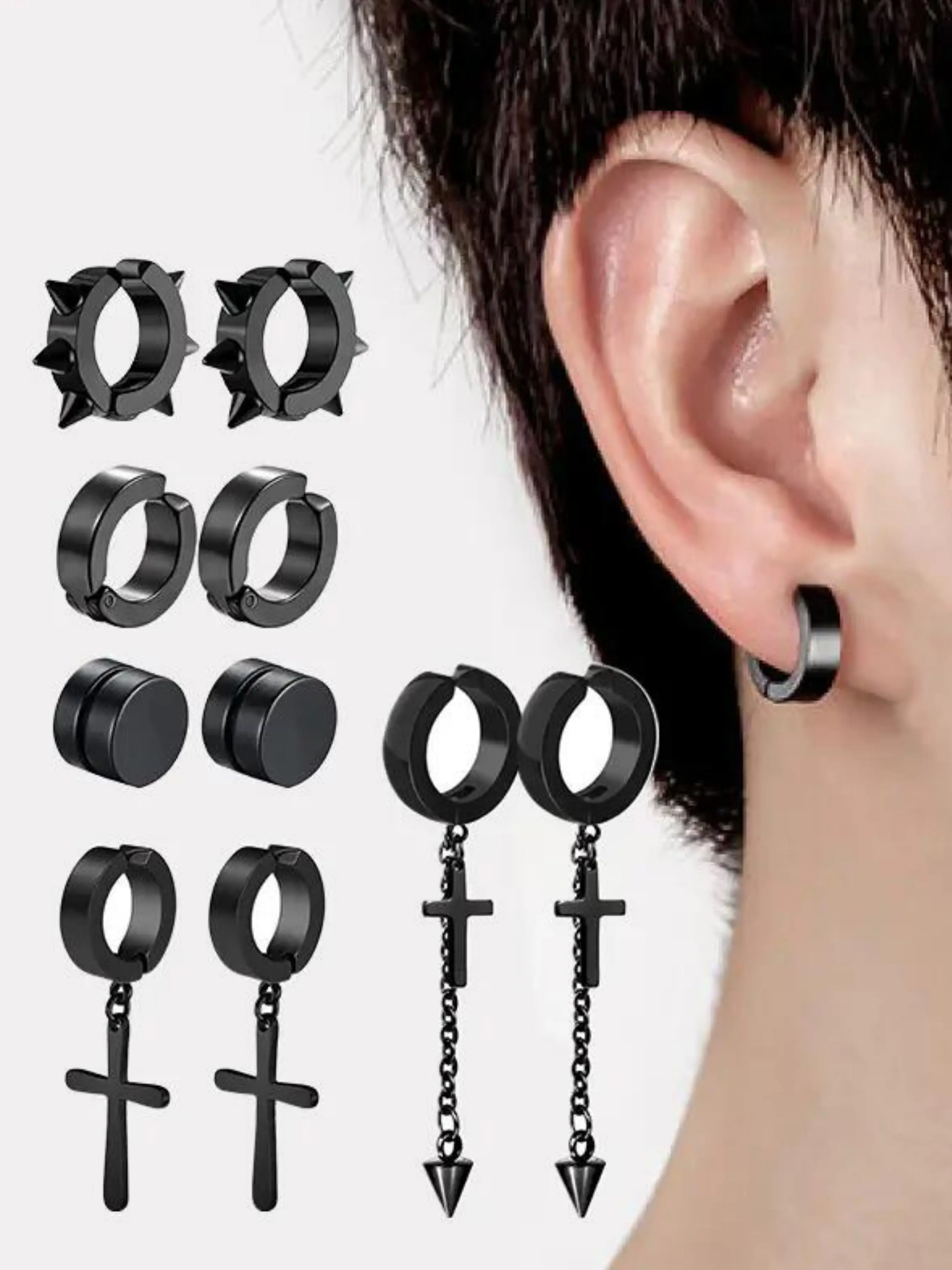 Men's Punk Cross Pendants Stainless Steel Earless Magnet Punk Style Earrings Set, Fashionable Men's Jewelry, 5 Pairs, Magnetic Earrings, Ear Cuffs Non Piercing, Stylish and Durable, Non Pierced Earrings