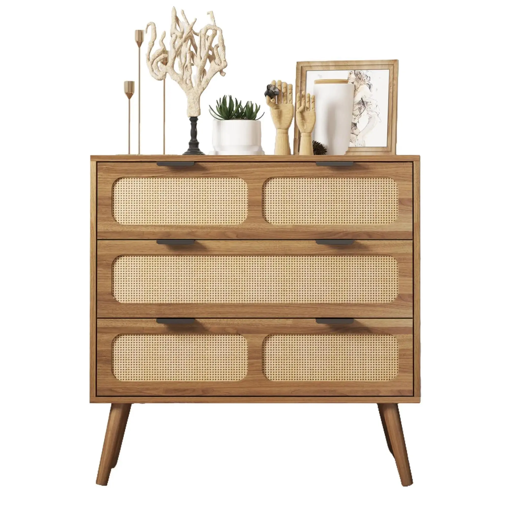 Giratree 3 Drawer Dresser, Modern Rattan Dresser Chest with Wide Drawers and Metal Handles, Farmhouse Wood Storage Chest of Drawers for Bedroom, Living Room, Hallway, Entryway