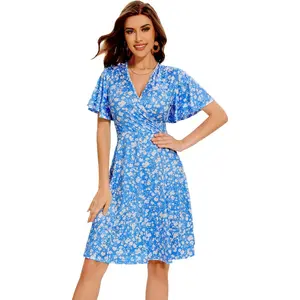 Casual Summer Dress 2025 Beach Vacation Floral Sundress Short Sleeve Wrap Modest Dresses