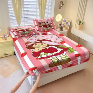 Pink White Stripe Cute Strawberry Girl Cartoon Print Bed Sheet Set, Bedsheet, 1 Fitted Sheet + 2 Pillowcases, Coquette Girly Soft Microfiber Bedding for Girls Bedroom, Coquette Style Deep Pocket, Gift for Girls Women Strawberry Shortcake Fans