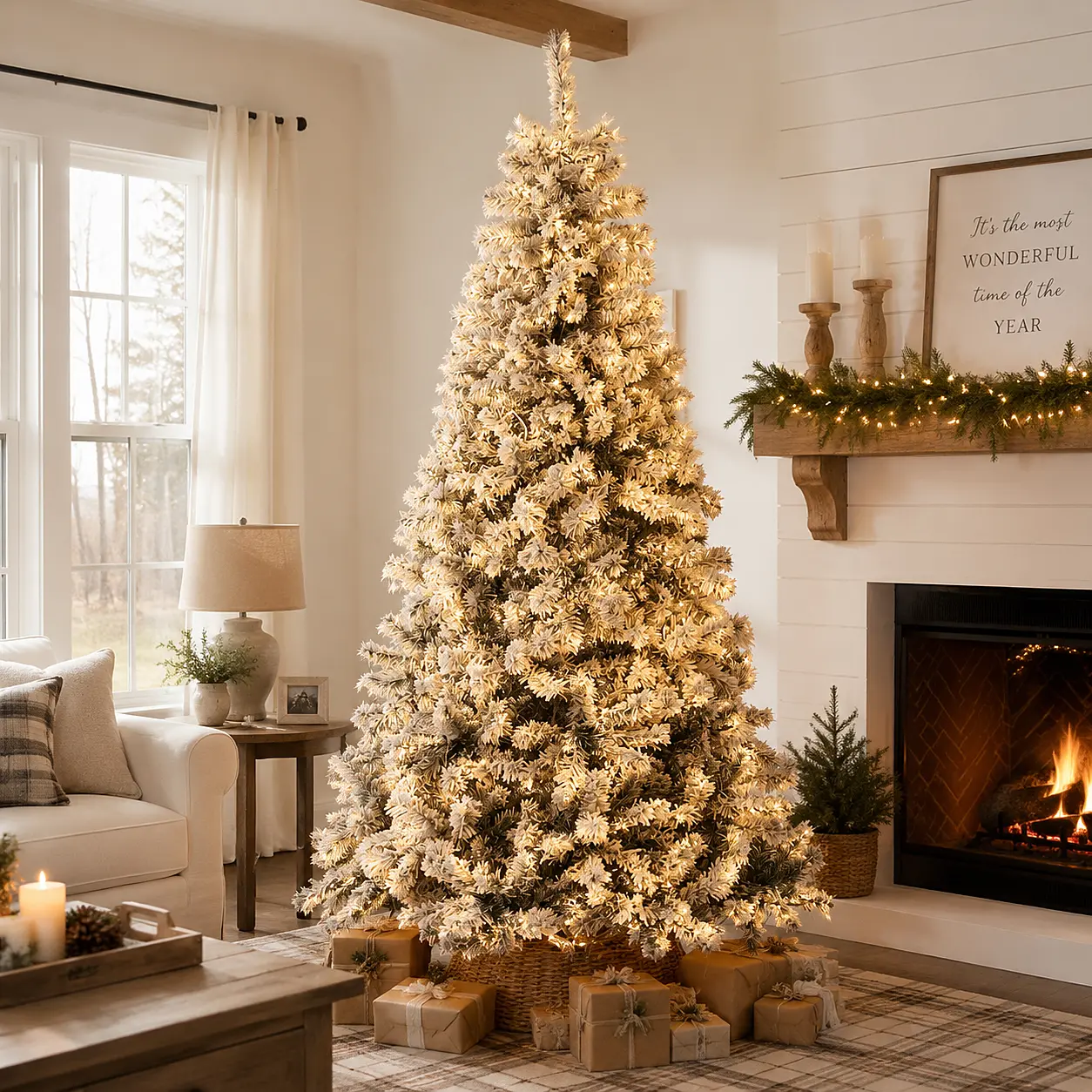 6.5 Ft Flocked Snowy Artificial Christmas Tree with Lights, 900 Branch Tips, 250 LED Warm Lights and 11 Lighting Modes, Foldable Xmas Tree with Metal Stand homedecor holiday gift