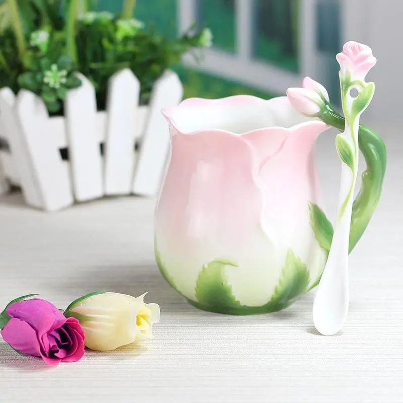 Creative 3D Rose Flower Tea Cup Set, 320ML Fun Ceramic Mug with Spoon Stirring, Rural Style, 4 Colors Available, High-End Aesthetic Design, Drinkware