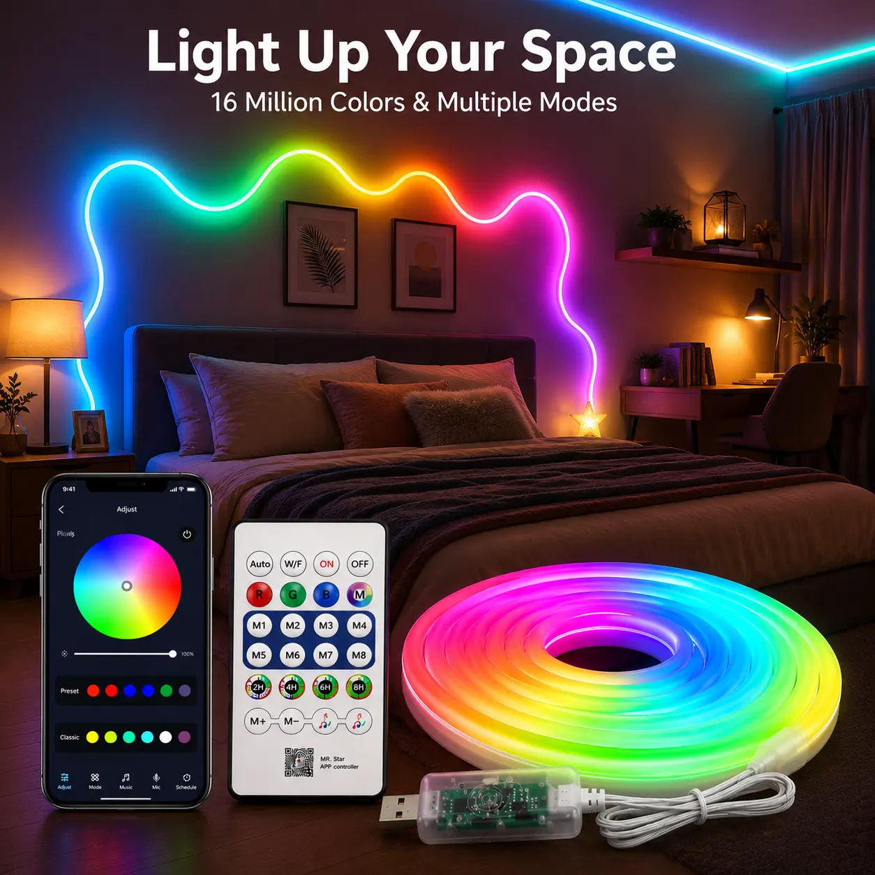 【Summer sales】Bedroom Neon Lights, 5M RGBIC Mood Light Strip with Bluetooth App, Remote Control and Music Sync, USB Powered Flexible Neon Rope Lights for Bed Frame, Wall and Aesthetic Room Decor