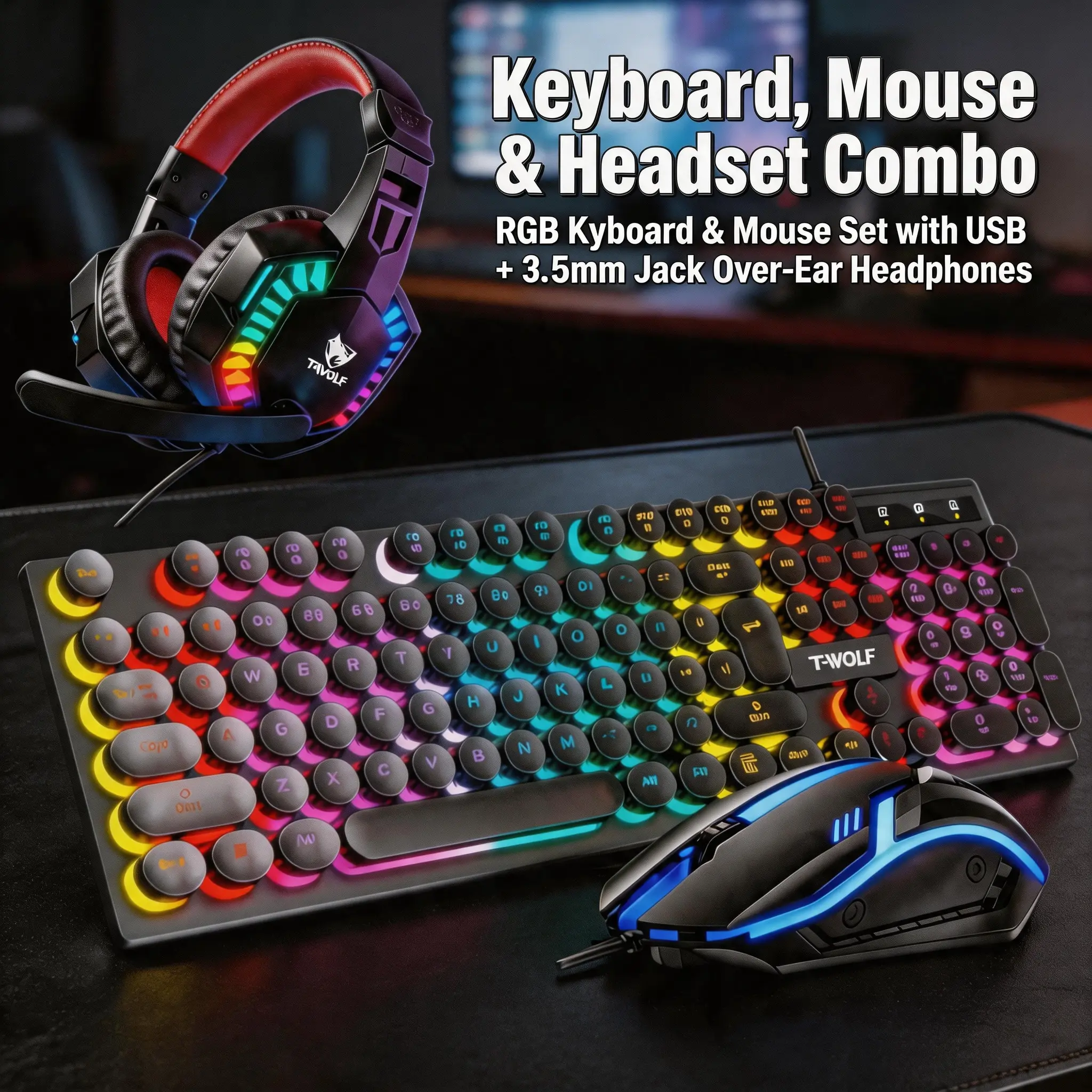 RGB Gaming 3-in-1 Combo Set - Mechanical-Sense Keyboard, Wired USB Mouse, 3.5mm LED Backlit Headset, Black PC Gaming Peripherals for Entry-Level Desktop Users