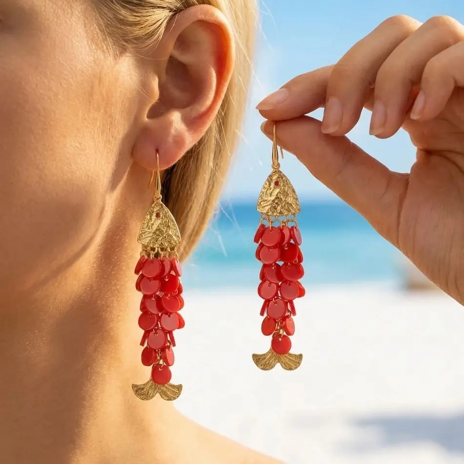 Bohemian Lucky Koi Fish Tassel Dangle Earrings For Women Cute Red Blue Colorful Fish Scales Drop Earring Summer Beach Jewelry