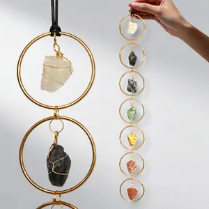 7 Chakra Crystal Wall Hanging, Natural Raw Stone Gold Metal Ring Wall Decor, Boho Spiritual Window Ornament for Bedroom Living Room Meditation Room, Gift Box Included
