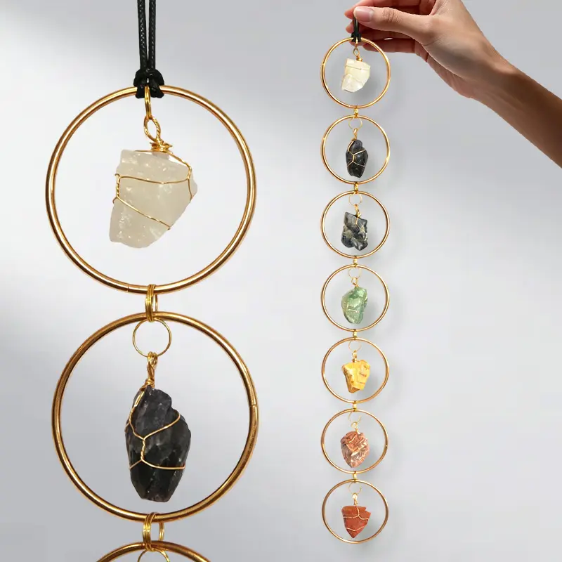 7 Chakra Agate Crystal Wall Hanging - Natural Raw Stone Gold Metal Wall Decoration, Crystal Chakra Home Ornaments with Gift Box for Meditation Space Indoors, Hangable Home Supplies