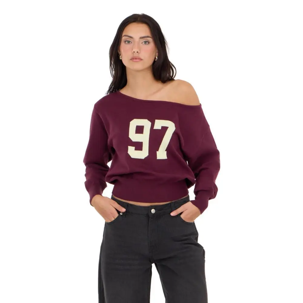 Forever 21 Women's Sweater, Slouchy Off-Shoulder Long Sleeve Knitwear Pullover with High Ribbed Hem for Casual Wear, Rib-Knit