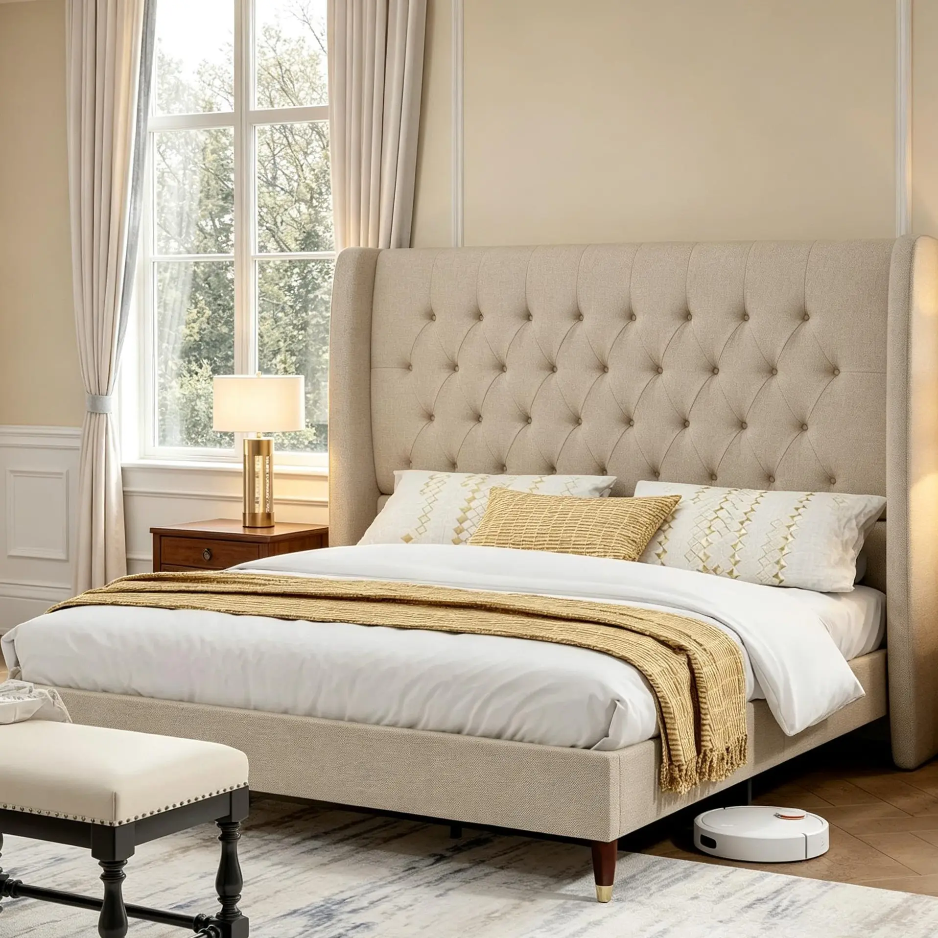 New Big Huge Platform Bed Frame with 51.2" Tall Headboard, Upholstered Bed with Wingback/Solid Wood Legs/Durability&Silent/No Box Spring Required, Queen/Bed with Reinforced Structure&Complete Hardware Kit
