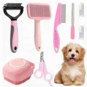 8pcs Pet Grooming Kit, Grooming Tools, Grooming Trimming Tool, Includes Nail Clippers & File, Flea Comb, Shampoo Brush, Deshedding Brush, Silicone Toothbrush