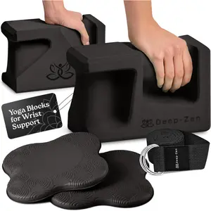 Ergonomic Yoga Block 2 Pack for Wrist Comfort and Support EVA Foam Exercise Blocks with 2x Knee Pads & Yoga Strap Pilates Block Set Bricks to Eliminate Wrist Pain