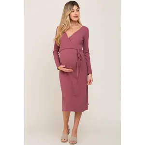 Mauve Rib Knit Long Sleeve Maternity Wrap Midi Dress