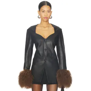 Susanna Chow Daria Leather Shearling Jacket in Black & Brown Trim