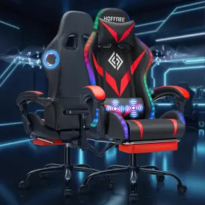 HOFFREE RGB Gaming Chair with Speakers and Massage Ergonomic Computer Chair with Lights and Footrest Reclining Video Game Chairs for Adults Red and Black