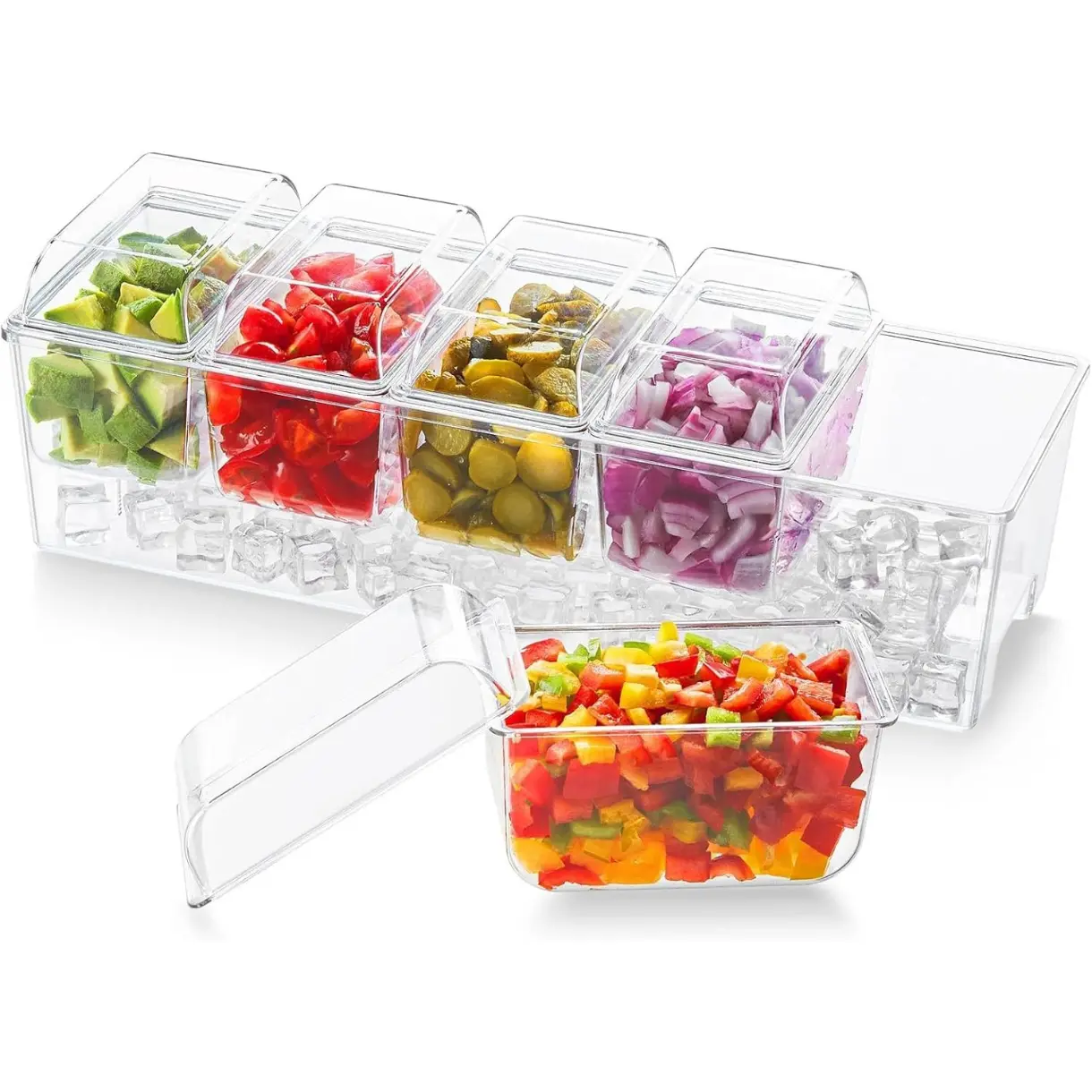 Ice Chilled Condiment Caddy with 5 Containers(2.5 cup), Condiment Server with Separate Lids, Serving Tray Platter with Removable Dishes for Bar Accessories, Fruit, Salad, Taco, Party Garnish