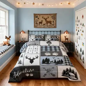 Deer Bear Kids Comforter Set,Hunting Adventure Rustic Farmhouse Bedding Set for Boys Girls Adults Room Decor,Geometric Plaid Patchwork Down Comforter,Blue Xmas Duvet Insert