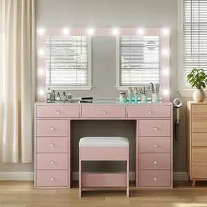Vanity Desk with Illuminated Mirror & Power Outlet,Vanity with 11 Drawers and 12 LED Lights,Vanity Table with Chair,Set 3 Lighting Modes Brightness Adjustable