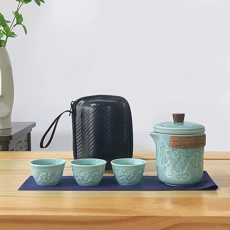 2026 Portable Ceramic Kung Fu Tea Set with Chinese Porcelain Teapot & 3 Cups Carry Bag Ideal Gift for Tea Lovers Versatile Brewing Elegant Compact Design