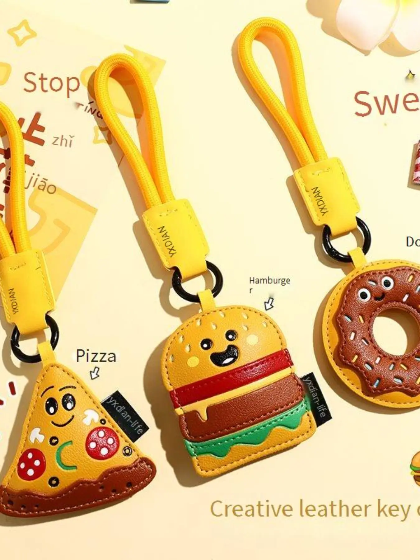 Pizza Burger Donut Leather Keychain for Women, Elegant Cute Backpack Charm, High Aesthetic Small Accessory, Fashionable Gift Idea